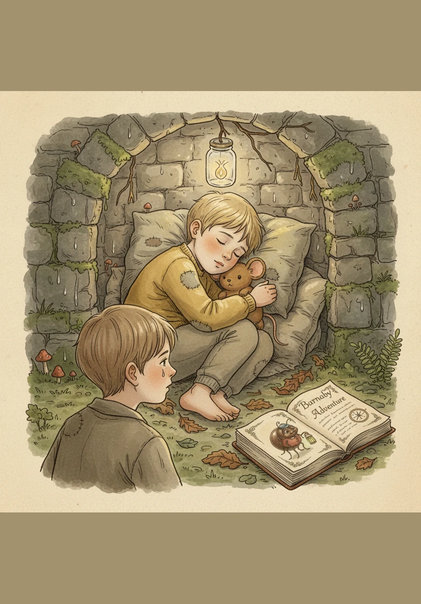 In a small alcove, Pip found Barnaby trapped behind a pile of smooth pebbles that had shifted during the storm. The little beetle looked tired and scared, but his eyes lit up when he saw Pip.