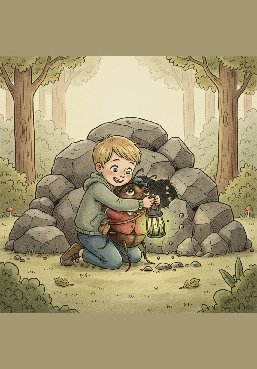 With a final heave, the rocks tumbled away, and Barnaby scurried out into Pip's arms. They shared a long hug, the glow of the moss lantern reflecting the joy in their eyes.