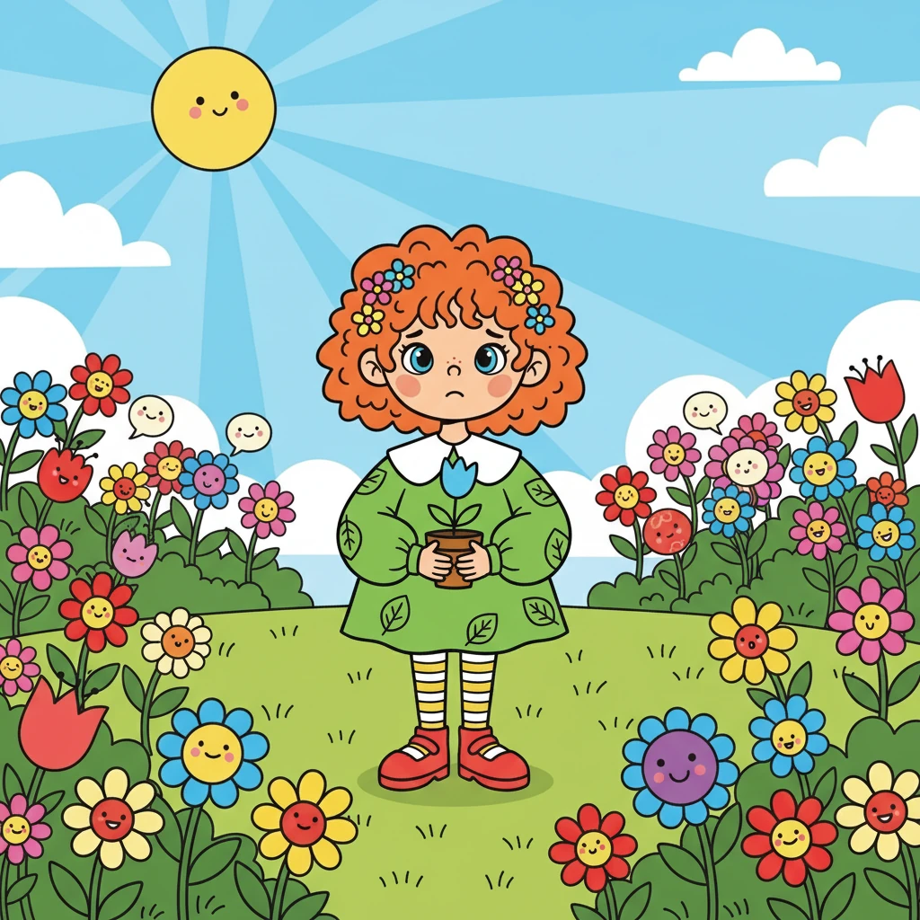Flora, a vibrant flower with petals of every color, felt a deep loneliness. For years, she had bloomed alone in a sunny meadow, wishing for a friend. The other flowers were pretty, but they never spoke to her. She longed for a kindred spirit.
