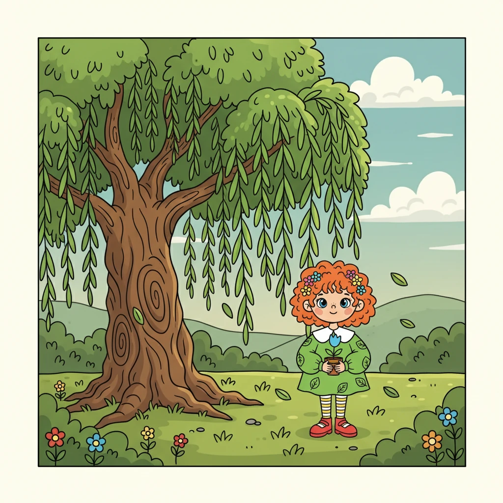 Her journey led her to a wise old willow tree with long, drooping branches. The tree seemed to listen to the wind's whispers. Flora cautiously approached, her heart filled with hope and a little bit of fear.