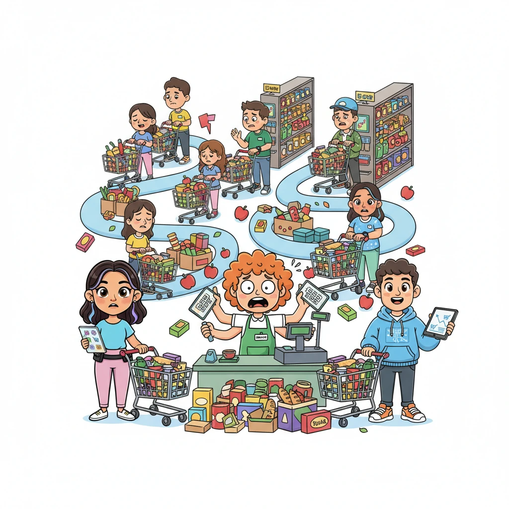 A bustling supermarket is in chaos, with incredibly long, winding checkout lines stretching through the aisles. Tired shoppers with overflowing baskets sigh, while the lone cashier looks utterly overwhelmed, juggling groceries and payments.