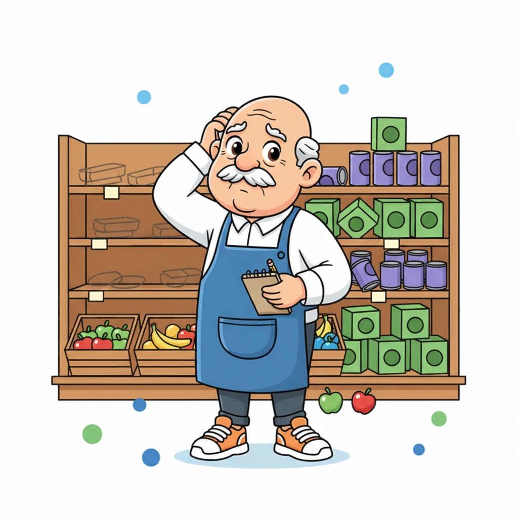 Inside the same store, shelves are a bit messy; some popular items are completely out of stock, while others are piled high and forgotten. Mr. Grocer, the kind but puzzled store owner, scratches his head, wondering what to do to make his shop better.