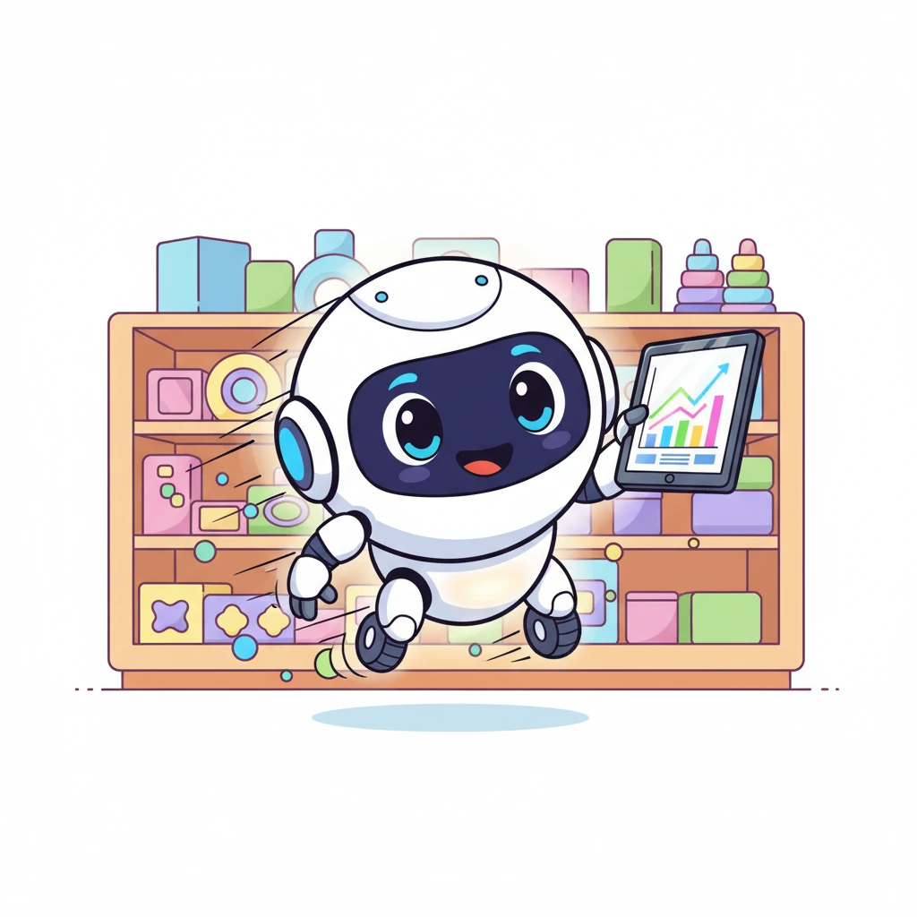 Suddenly, with a cheerful whir and a bright glow, a small, friendly robot named Sparky zips into the store! Sparky carries a tablet displaying colorful graphs and sports a beaming smile, ready to introduce amazing new ideas.