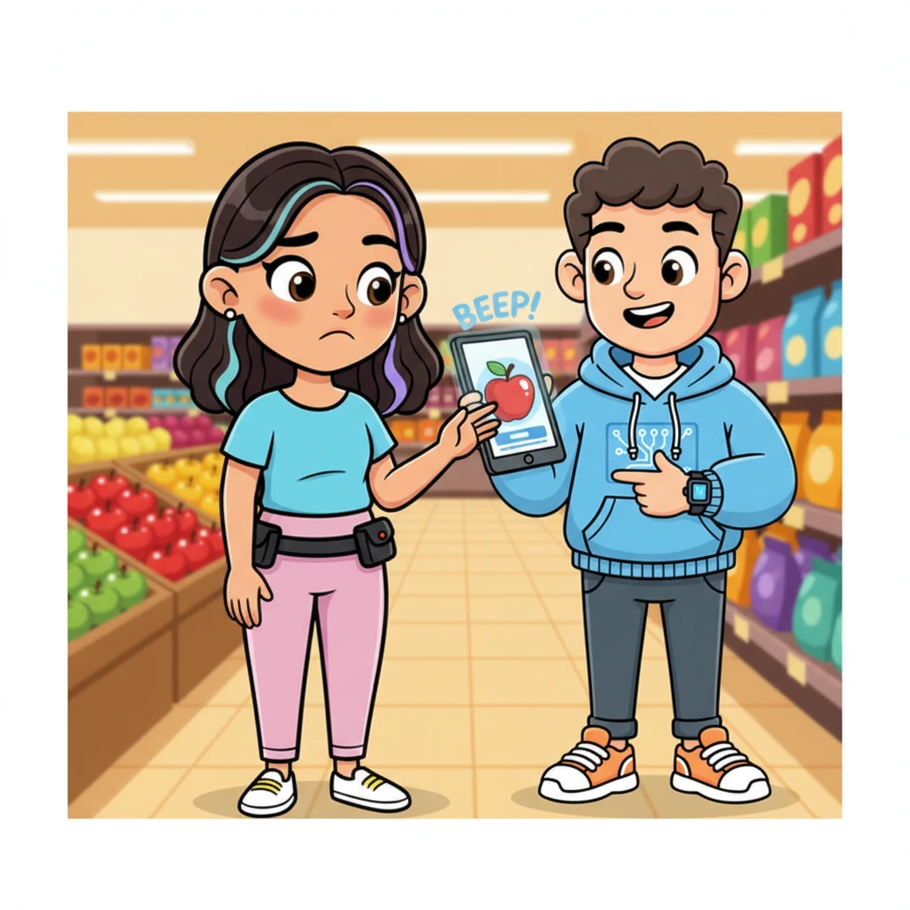 A young shopper named Lily enters the store, looking a little glum. Sparky gently guides her to an aisle and shows her how to open a colorful app on her smartphone. Lily points her phone camera at a shiny red apple, and *beep!* the apple magically appears in her digital cart!