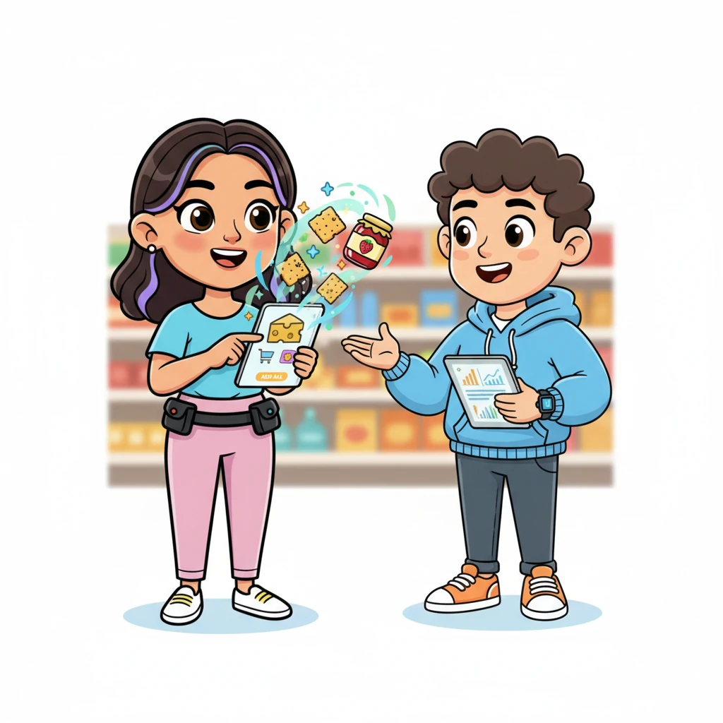 As Lily adds a block of cheddar cheese to her digital cart, Sparky's clever app springs to life, magically suggesting a delicious cracker and jam combo with playful animations. Lily giggles, instantly adding the yummy suggestions to her growing cart.