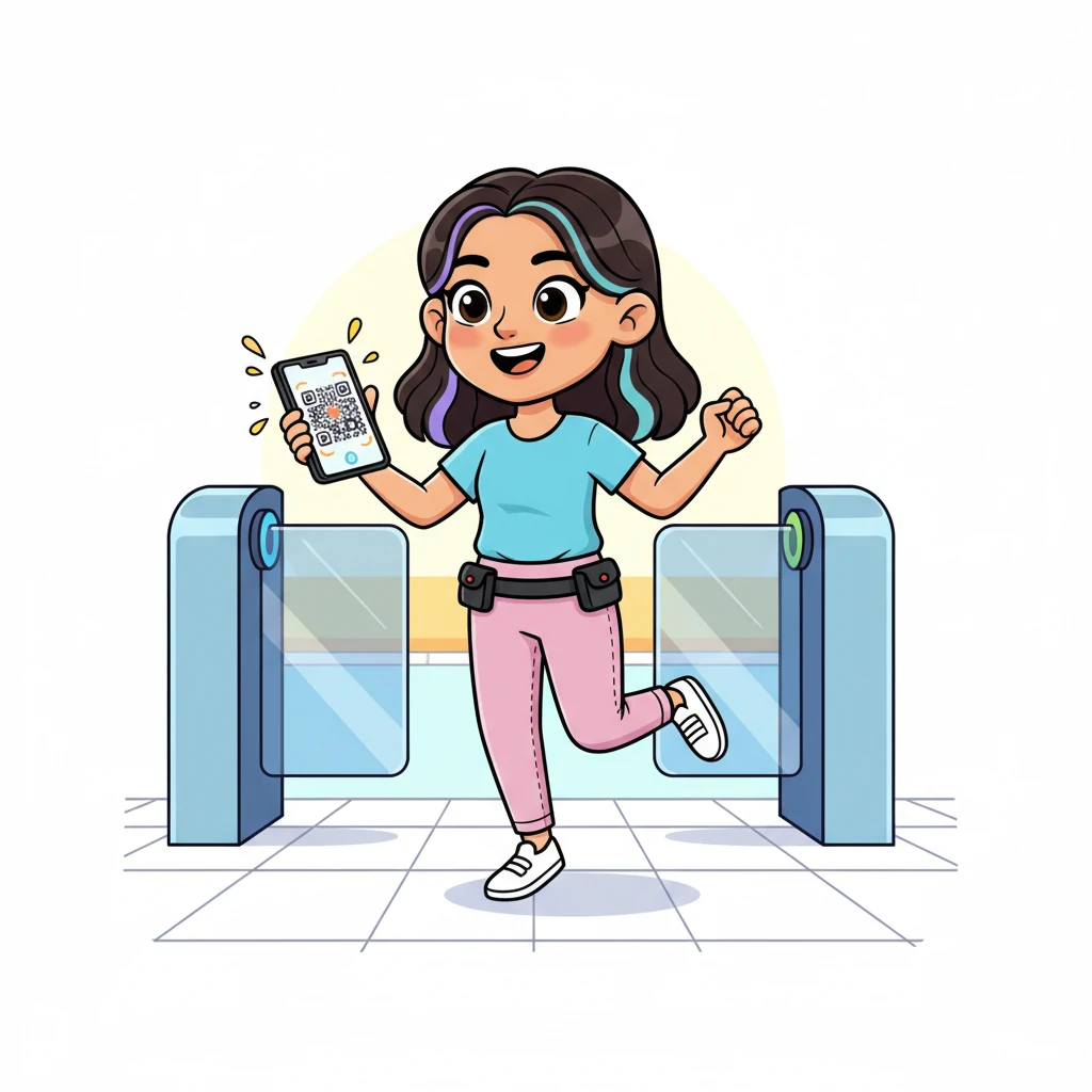 Lily finishes her shopping and confidently walks towards the exit, where there's no line at all! She taps her phone, a secure, colorful QR code pops up, and she scans it at a cheerful, blinking exit gate. *Beep!* She's all done and smiles brightly, skipping out.