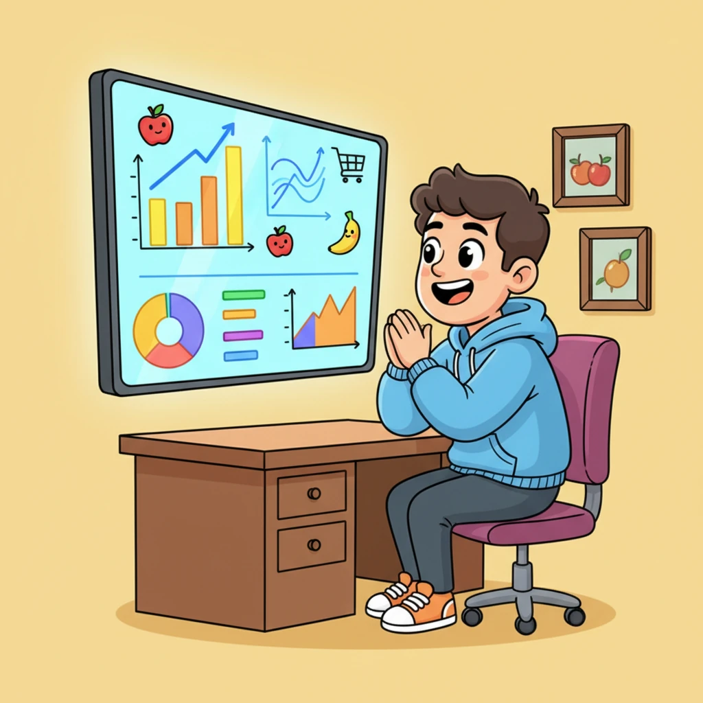 Mr. Grocer sits in his office, no longer confused but beaming at a giant, colorful screen showing live sales data. Bright charts and animated graphs instantly tell him what's selling best and when, making him feel incredibly smart and in control.