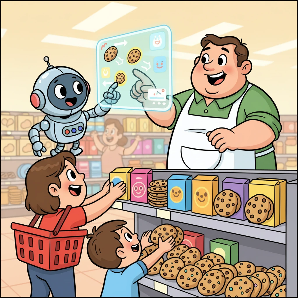 Sparky points a helpful robotic finger at the screen, showing Mr. Grocer exactly where to place the newest, yummiest cookies for maximum visibility. Mr. Grocer quickly rearranges a shelf, and customers immediately notice and grab the delicious treats.