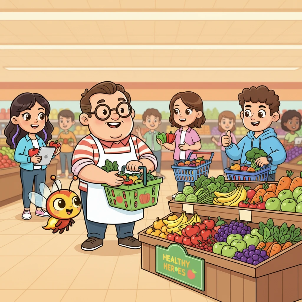 Sparky helps Mr. Grocer understand that many shoppers love healthy snacks and fresh produce. Inspired, he creates a vibrant new 'Healthy Heroes' section, filled with colorful fruits and veggies, making all the health-conscious shoppers incredibly happy.
