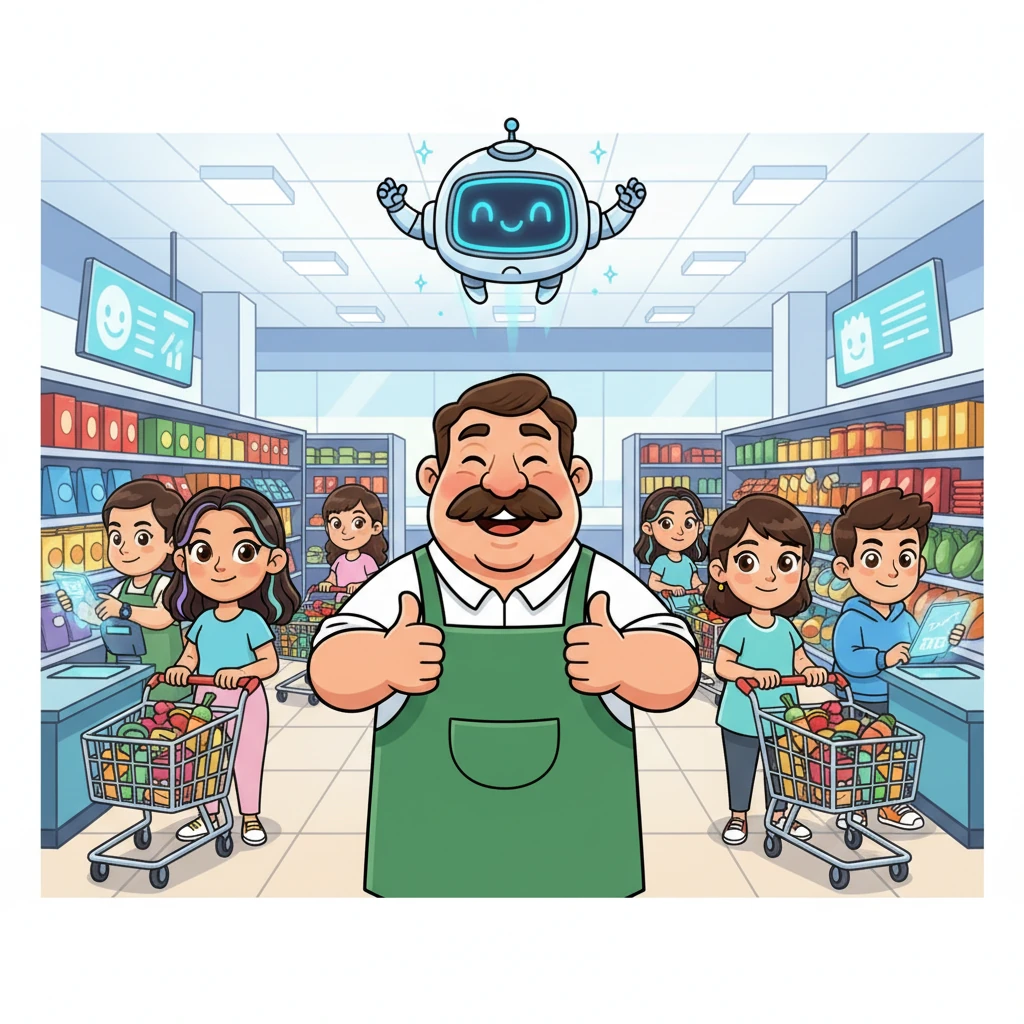The supermarket is now a joyful, bustling place with happy shoppers and absolutely no queues anywhere! Sparky hovers above, beaming with pride, as Mr. Grocer gives a triumphant thumbs-up. The store is bright, efficient, and super smart, thanks to Sparky!