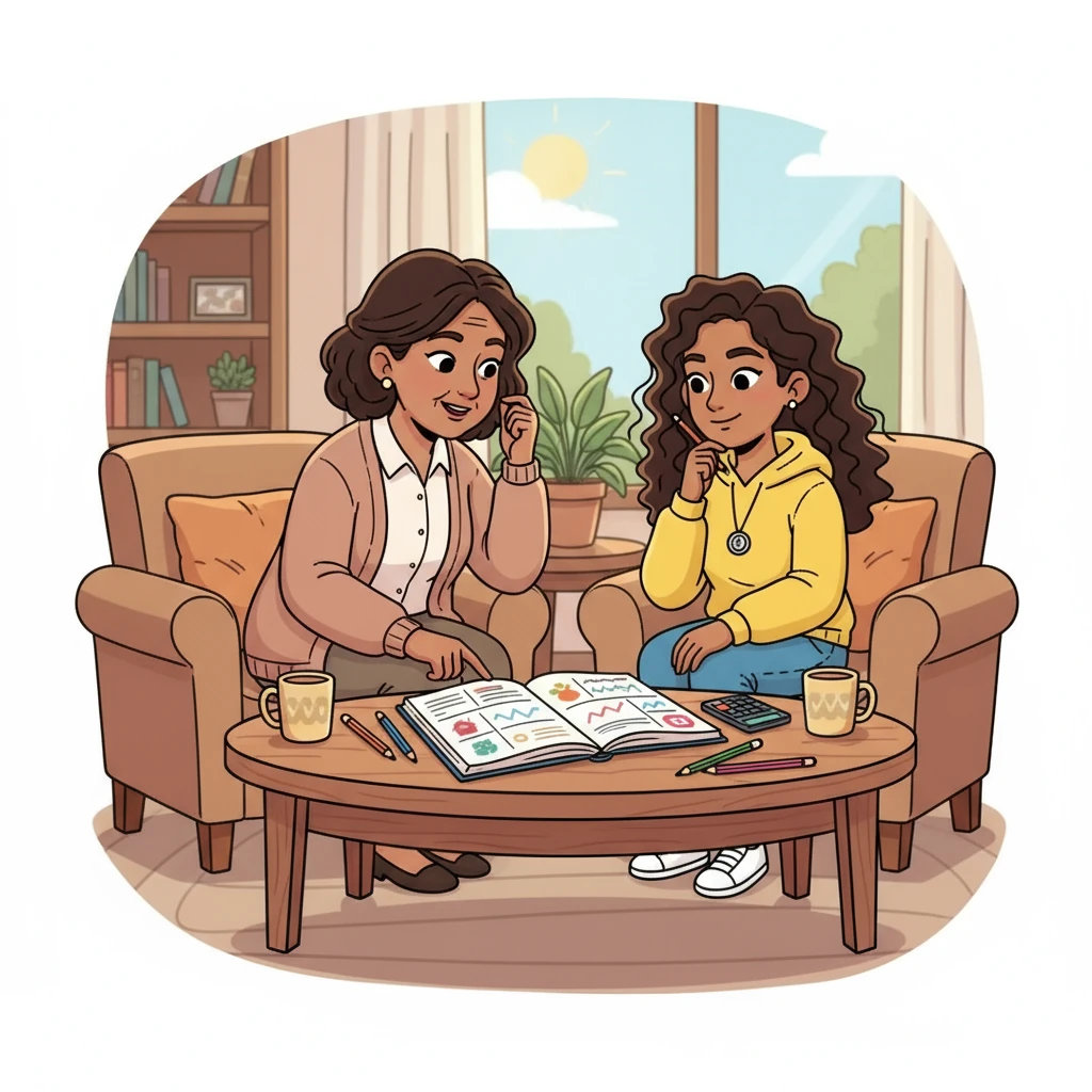 Maya's wise Aunt Sarah, a successful entrepreneur, noticed her niece's worry. She sat down with Maya and explained the importance of budgeting and planning. Aunt Sarah showed her how to create a simple budget to track her income and expenses.