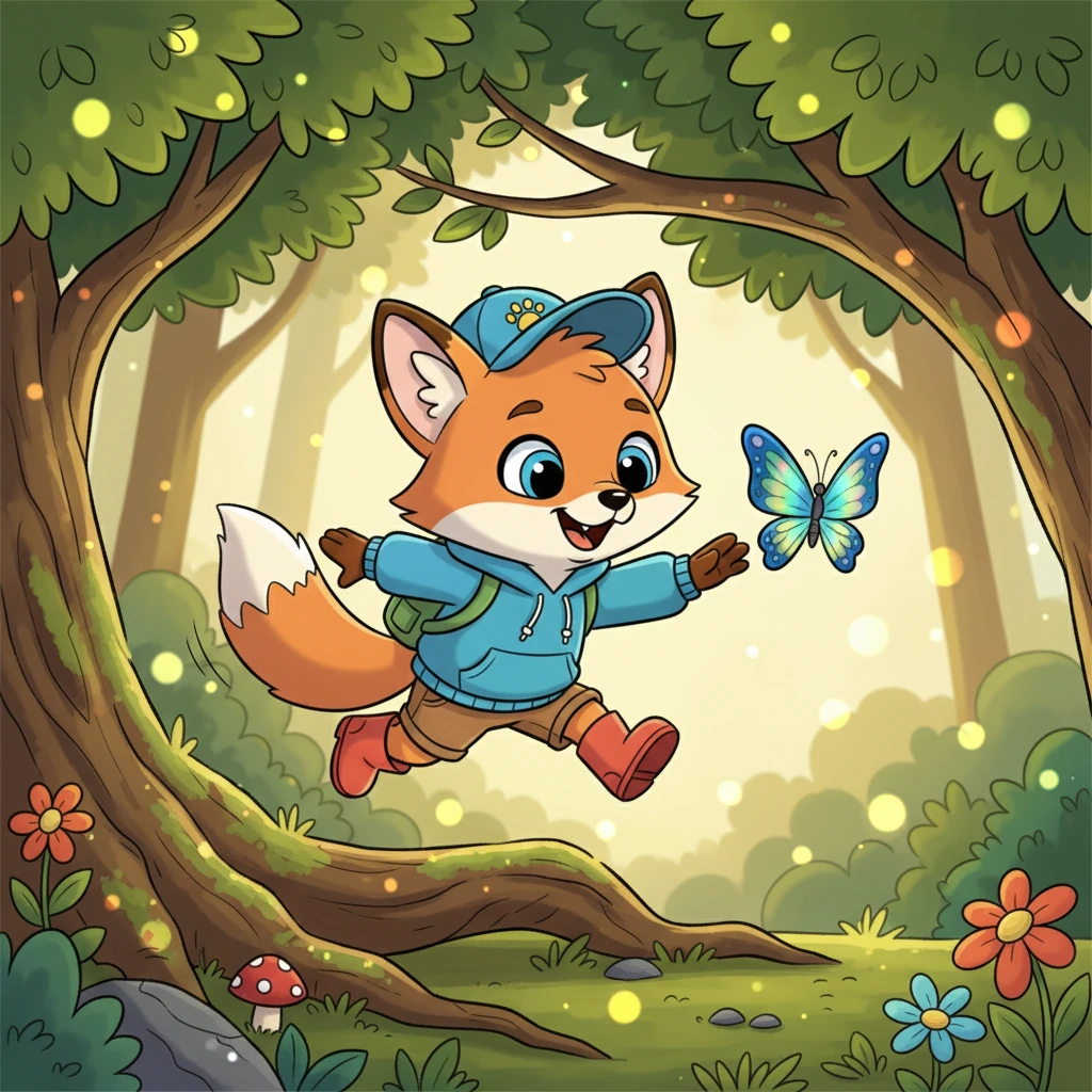 Flicker, a fluffy little fox with bright eyes, bounced through the sun-dappled woods, chasing a shimmering butterfly. His tail wagged with pure joy as he leaped over roots and ducked under low branches. He was having the best time, completely lost in the fun of the chase.