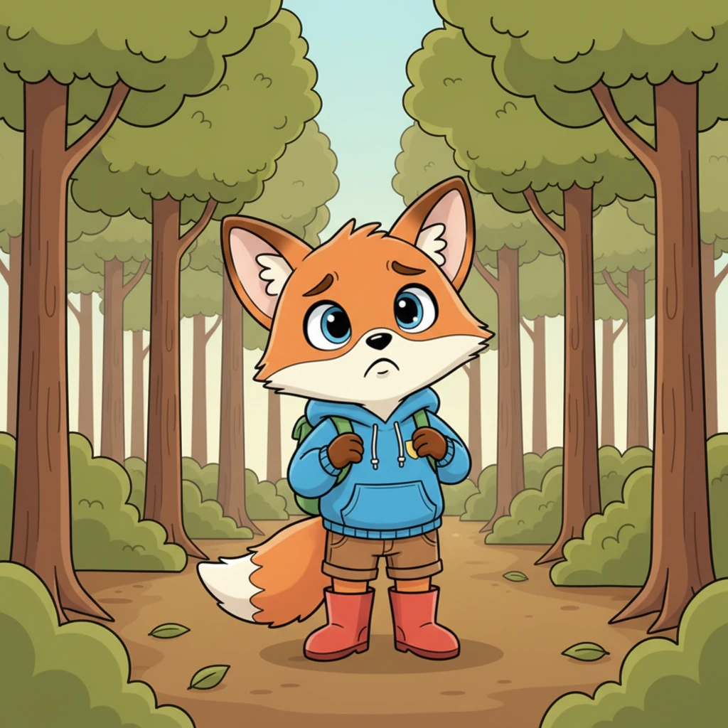 Suddenly, Flicker stopped, his ears twitching. The butterfly had vanished, and the familiar path was nowhere in sight. He looked around, his cheerful grin fading into a worried frown as the trees all started to look the same.