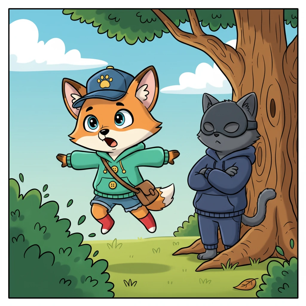 A rustle in the bushes made Flicker jump. From behind a thick oak tree, a mysterious figure emerged: an anthro cat wearing a full, featureless mask. The cat stood with crossed arms, radiating an aura of tough indifference.
