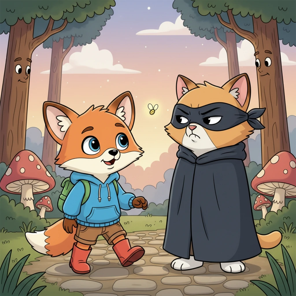 Flicker, trying to be brave despite a wobble in his voice, took a step forward. "Excuse me, Mr. Cat? I think I'm lost," he squeaked, his big eyes looking up hopefully. The masked cat just grunted, turning their head slightly away as if annoyed.