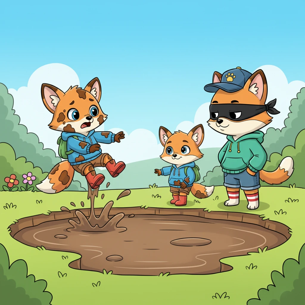 They came to a wide, muddy puddle. Flicker tried to jump over it but slipped, landing with a soft plop. Before he could even whimper, the masked cat swiftly scooped him up and placed him on the other side, then quickly looked away, pretending they hadn't helped at all.