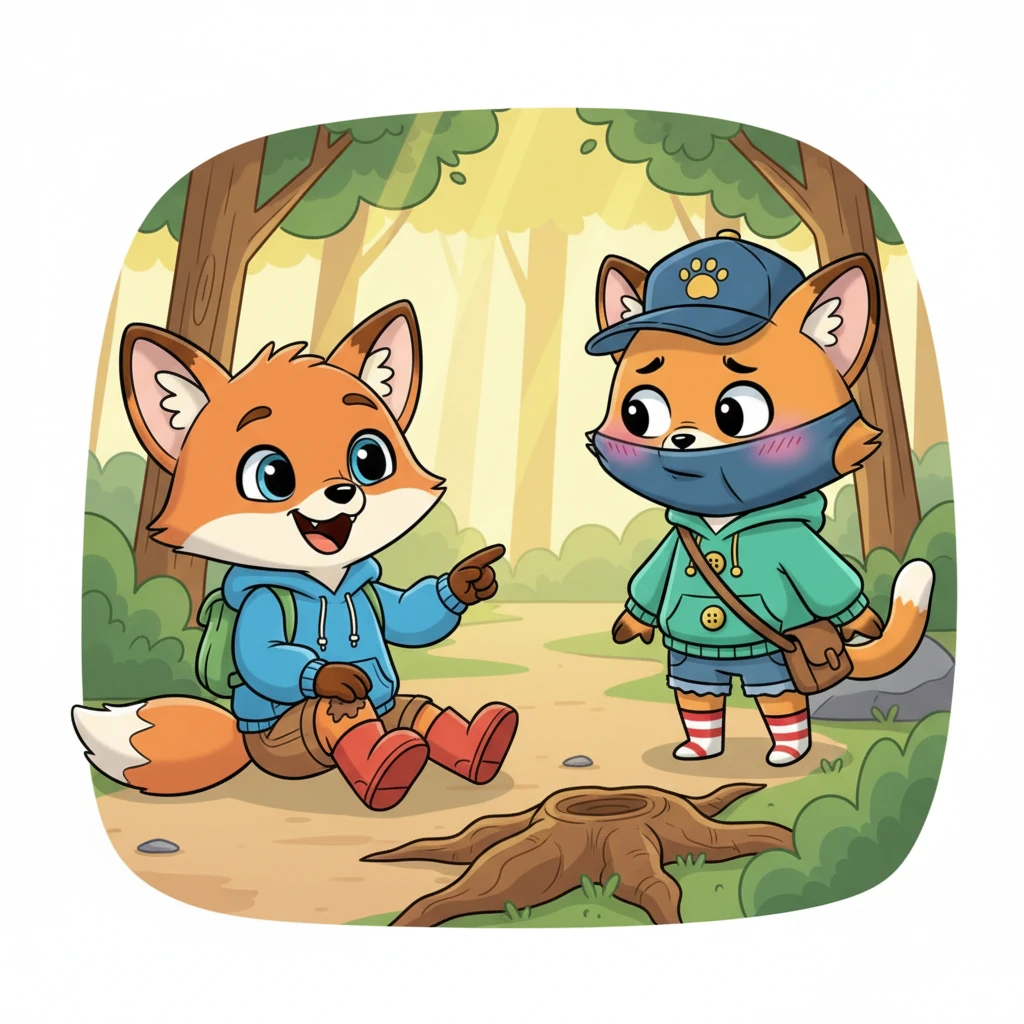 Later, Flicker tripped over a root and scraped his knee, letting out a small cry. The masked cat paused, then quickly knelt, checking the scrape. Flicker giggled, "You're blushing!" The cat immediately stood up, pulling their mask down further and muttering, "Nonsense! It's just the wind."