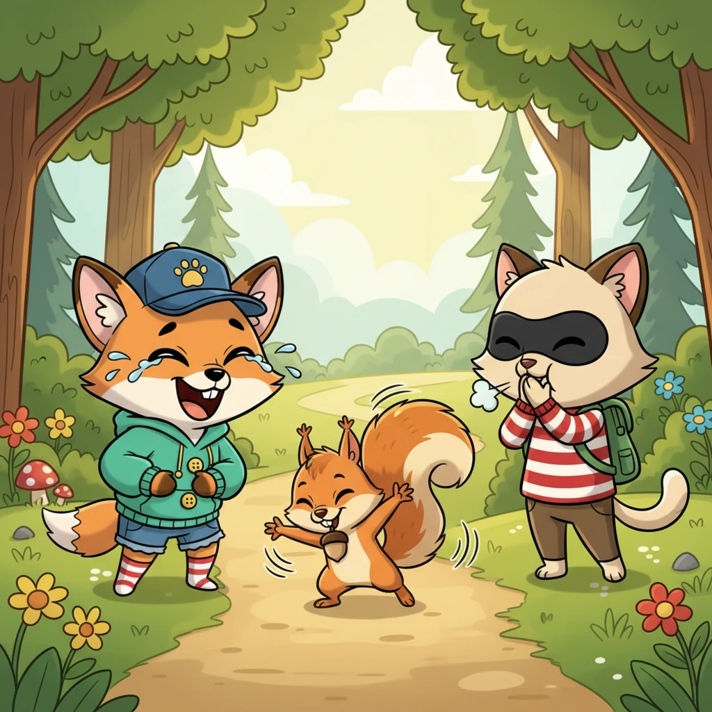 As they walked, a funny squirrel scampered by, doing a silly dance. Flicker burst into laughter. The masked cat tried to hold back a chuckle, covering their mouth with a paw, but a tiny snort escaped, making Flicker laugh even harder.