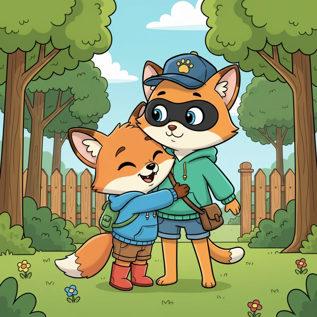 Finally, through the dense trees, Flicker spotted the familiar fence of his backyard! He let out a joyful yelp and, without thinking, threw his arms around the masked cat's waist. The cat froze, stiff as a board, but Flicker could feel a tiny, almost imperceptible tremor, and saw the corner of their mouth twitch upwards under the mask before they quickly pulled away.