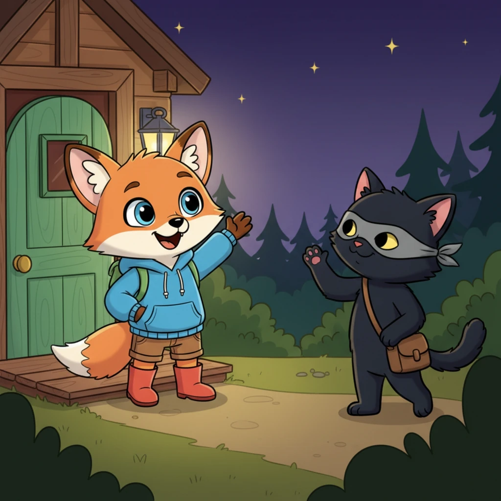 Flicker waved goodbye from his doorstep, safe and sound. The masked cat stood at the edge of the woods, giving a quick, almost shy wave back before turning and disappearing into the shadows. Flicker knew he had found a truly special, if a little grumpy, friend.
