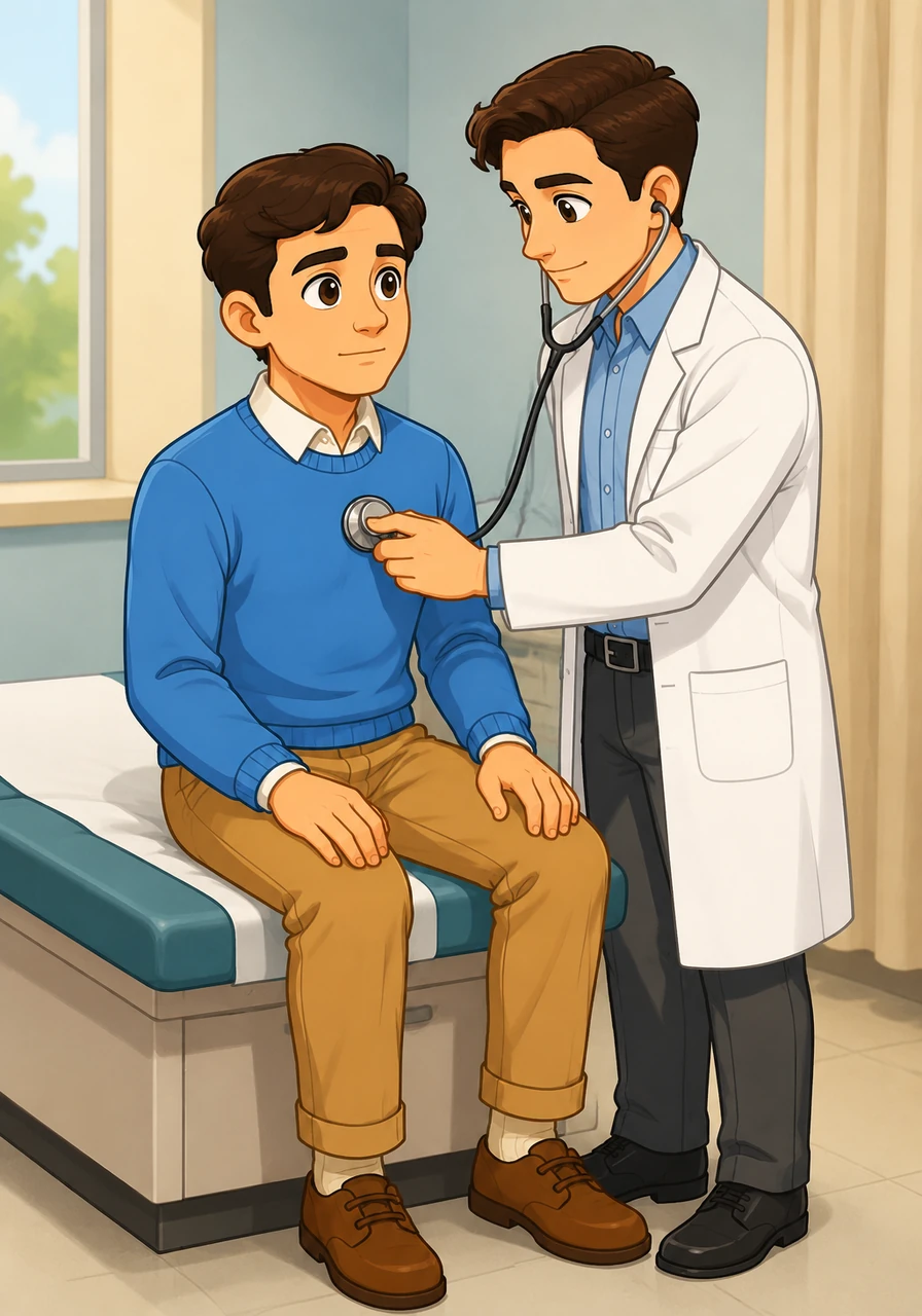 Next came the thorough physical examination by the doctor. Mr. Arthur sat still and cooperated while the doctor carefully checked his heart rate, listened to his lungs, and looked into his throat. This hands-on check helped find important clues about his body.