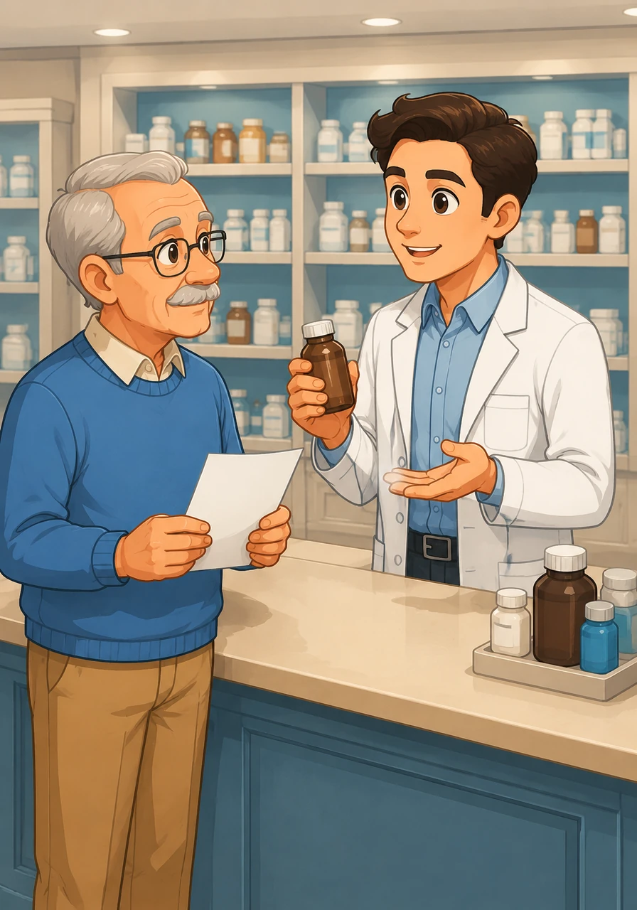 With a detailed prescription in hand, Mr. Arthur visited the clinic's pharmacy to pick up his new medicine. The friendly pharmacist explained exactly how and when to take each dose safely. He listened closely and nodded, feeling fully prepared to take care of himself.