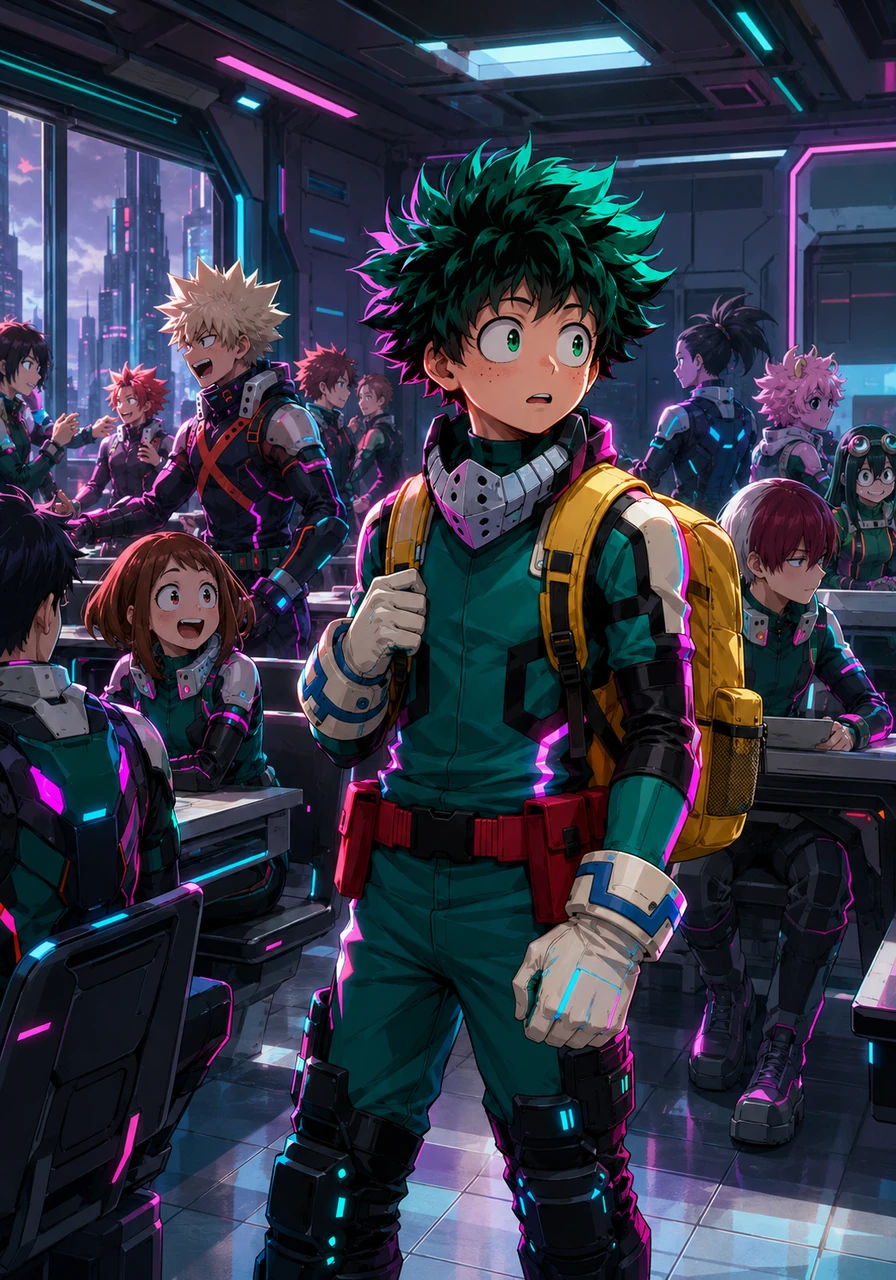 A sala da Classe 1-A na Academia U.A. está cheia de energia matinal, com alunos conversando e se preparando para as aulas. Izuku Midoriya entra no local com sua mochila amarela, olhando ao redor com curiosidade em busca de um rosto familiar que costuma estar sempre por perto.
