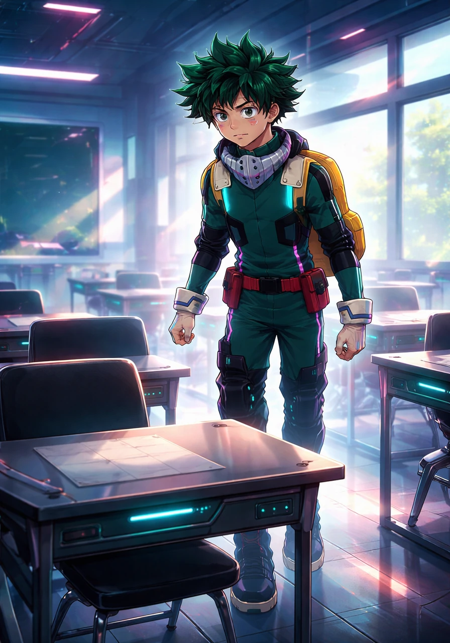 Ele nota que o lugar de Katsuki Bakugo está estranhamente vazio, o que é incomum para aquele horário tão próximo do início das aulas. Deku caminha calmamente em direção à sua própria carteira, murmurando para si mesmo sobre onde seu rival e amigo de infância poderia ter ido.