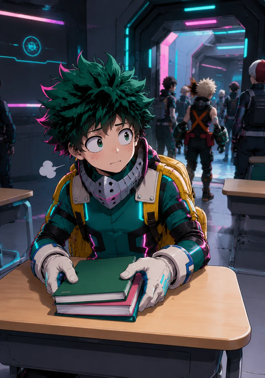 Ao chegar em sua mesa, Deku solta um longo suspiro e decide se organizar para a primeira aula de Treinamento de Heróis do dia. Ele coloca seus cadernos de anotações sobre a madeira clara da mesa, ainda distraído com os movimentos constantes na porta da sala.