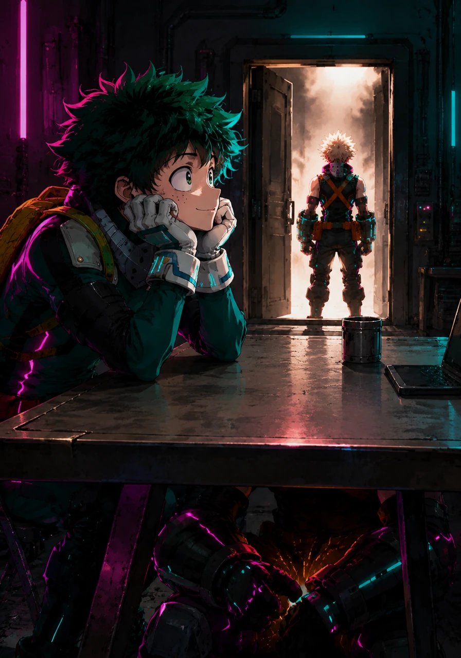 Deku apoia os cotovelos na mesa e o queixo nas mãos, olhando fixamente para a entrada com uma expressão de pura inocência e curiosidade. Ele está tão concentrado na porta que não percebe o leve movimento e a tensão que ocorre logo abaixo de seu próprio peso.
