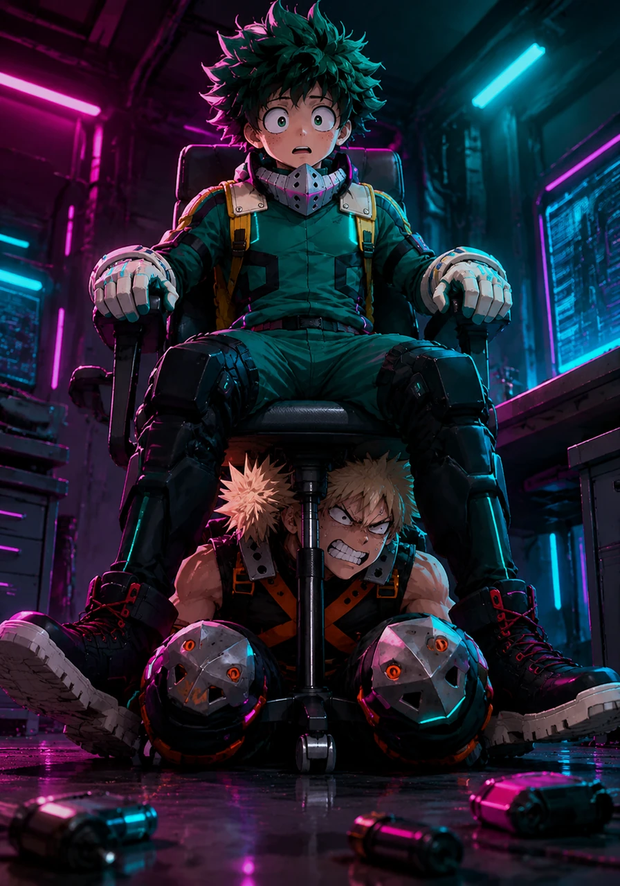 Sob a mesa, as pernas musculosas de Bakugo aparecem encolhidas e presas de forma desconfortável entre as pernas da cadeira de Deku. Bakugo estava agachado procurando um item que caiu quando Deku, sem olhar, acabou sentando exatamente em cima dele, prendendo-o no chão.