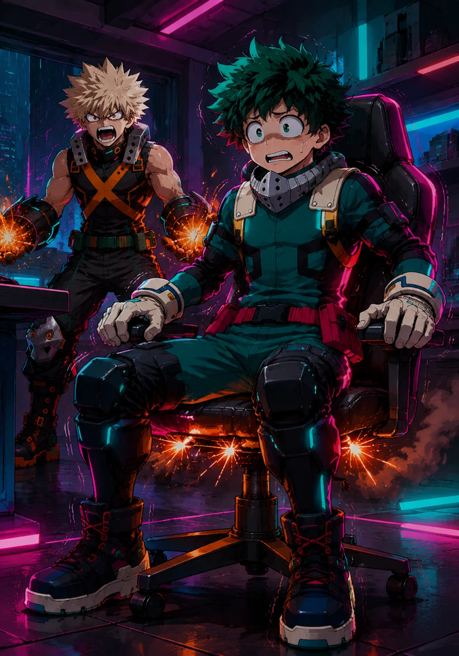 Um som de rosnado abafado e o calor de pequenas explosões estalando começam a emanar debaixo do assento de Deku. O jovem herói pisca os olhos, sentindo uma vibração estranha e começando a suar frio ao perceber que o assento da cadeira está começando a se mover por conta própria.