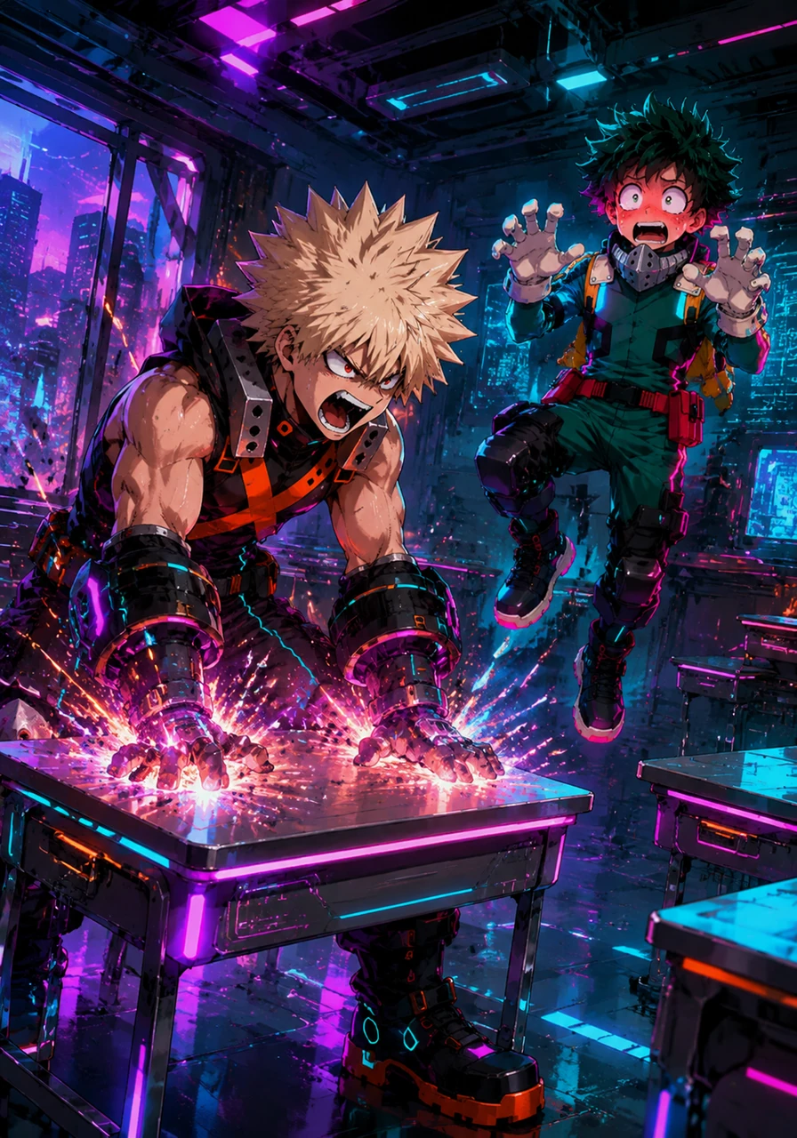 De repente, um grito furioso de seu nome ecoa por toda a sala de aula, fazendo o chão tremer levemente com a intensidade da voz de Bakugo. Deku dá um pulo de susto, quase flutuando de pavor enquanto seu rosto fica completamente vermelho ao perceber o que aconteceu.
