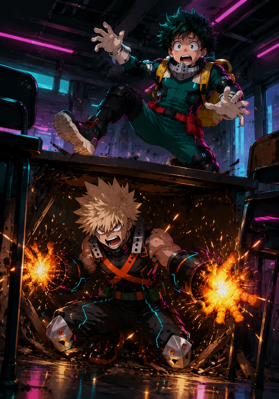 Bakugo surge debaixo da mesa como um vulcão em erupção, com faíscas estalando em suas mãos e uma expressão de fúria absoluta gravada no rosto. Deku aterrissa desajeitadamente, agitando os braços e pedindo desculpas freneticamente enquanto tenta explicar que foi um acidente terrível.