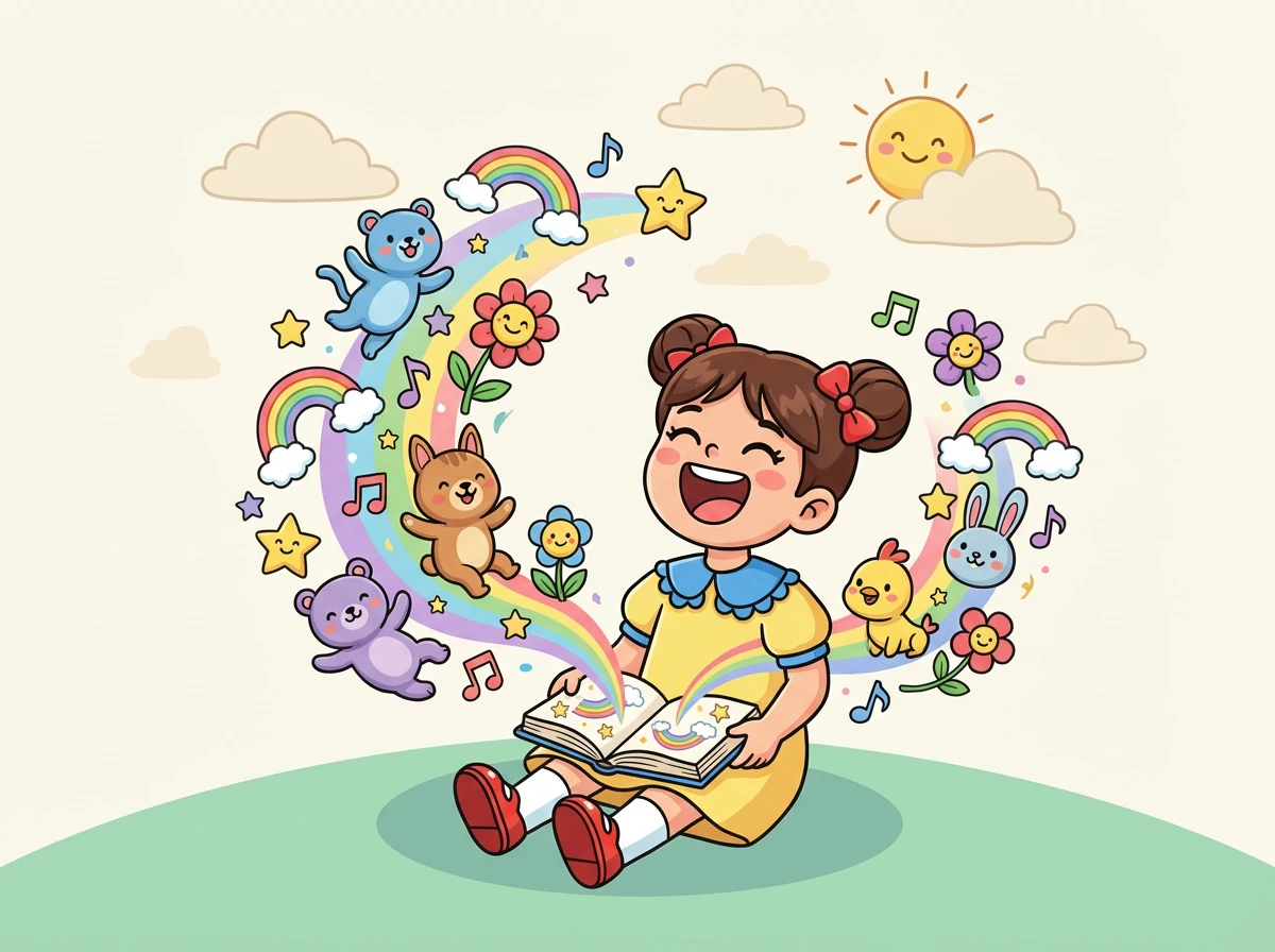 Dari buku itu, muncul gambar-gambar berwarna-warni yang menari-nari. Lala tertawa kegirangan.