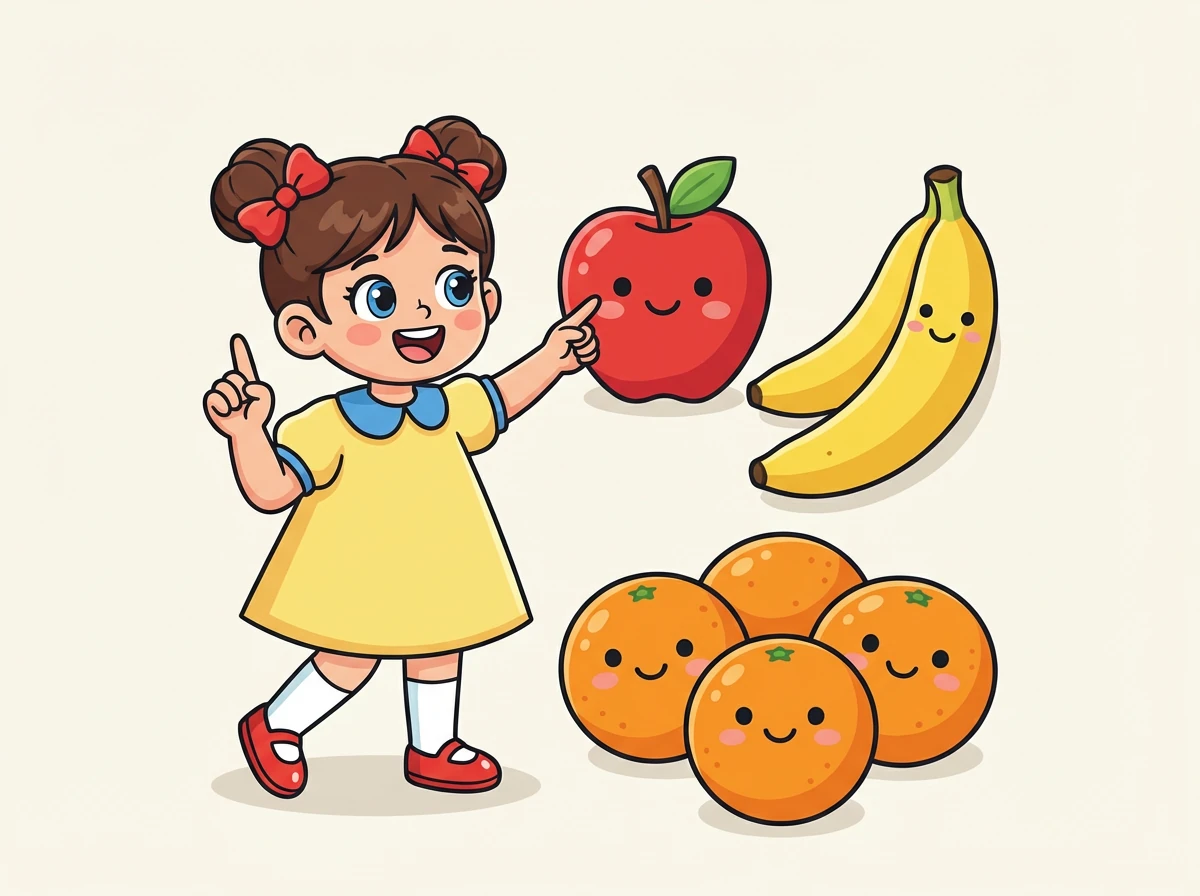 Di halaman berikutnya, Lala belajar berhitung dengan gambar buah-buahan yang lucu. Satu apel, dua pisang, tiga jeruk!