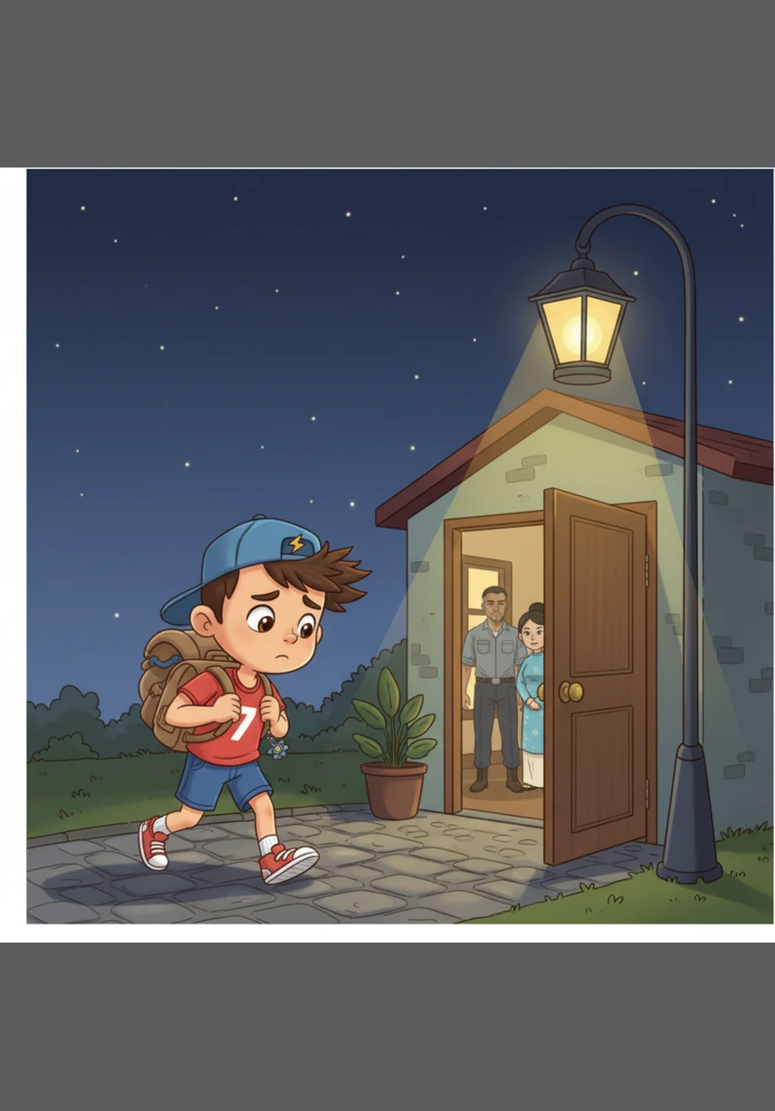 By the time the streetlights flicker on and the stars begin to twinkle like tiny diamonds, Bin finally trudges home with his heavy bag slung over his shoulder. His steps are weary under the honey-colored glow of the lamps, and a faint sense of worry begins to rise in his chest as he nears his front door.