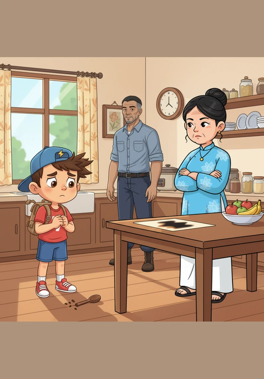 In the quiet kitchen, his parents are sitting at the table waiting for him, their faces looking as somber as a lake before a storm. His mother sighs deeply as she looks at her mud-stained son, worried to see his schoolwork piling up like a high mountain that is too steep to climb.