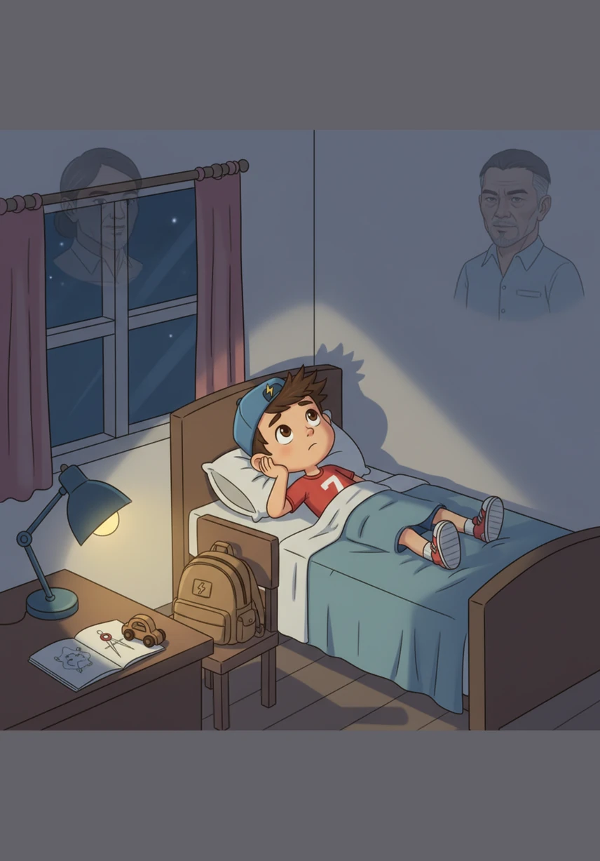 That night, Bin lies awake in his small, quiet room, reflecting on his parents' meaningful words about responsibility and the 'compass' of a plan. He realizes that his momentary desire for play made him forget his duties, and he feels a strong determination to change his ways.
