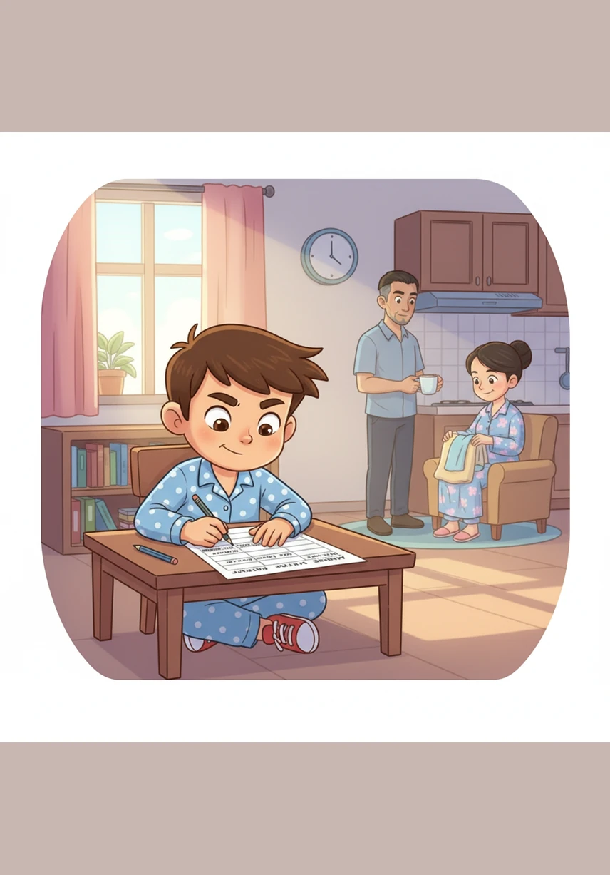 The next morning, Bin wakes up early with a refreshed spirit and sits down to draw up a detailed daily plan all by himself. Neat lines of text appear on the white paper, organizing his goals for the day as logically and clearly as train cars connected in a long, orderly row.