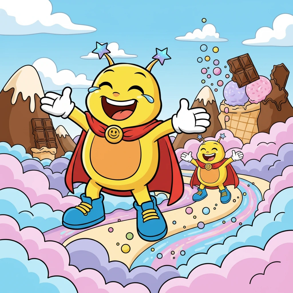 Blink mengajak Binar untuk berpetualang ke dunia imajinasi. Mereka terbang melintasi awan-awan berwarna permen kapas, melewati gunung-gunung cokelat dan sungai-sungai soda. Binar sangat gembira, tertawa riang menikmati perjalanan yang tak terduga ini.