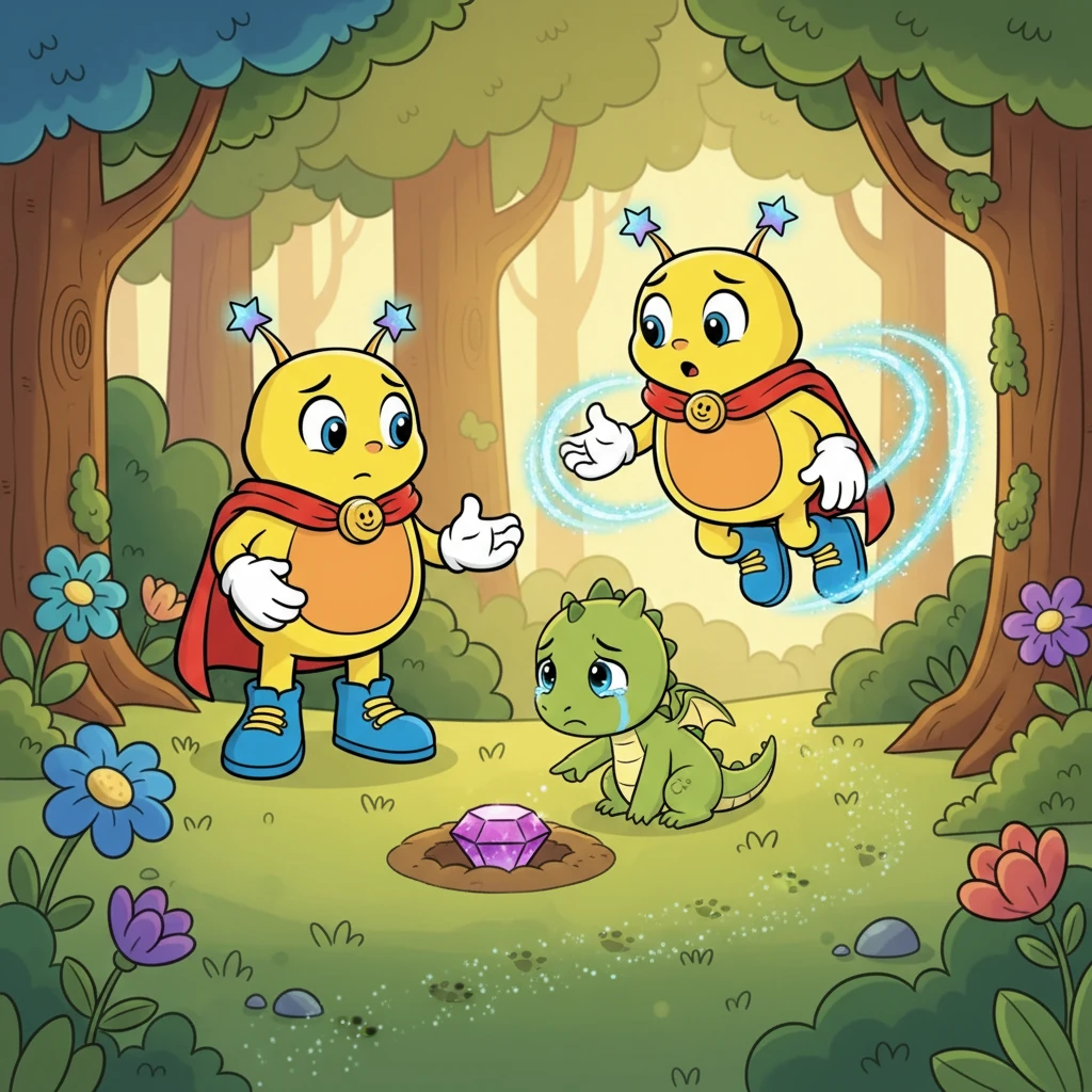 Dalam petualangan mereka, Binar dan Blink bertemu dengan seekor naga kecil yang sedang sedih karena kehilangan permata kesayangannya. Binar, dengan kebaikan hatinya, berjanji akan membantu mencari permata tersebut. Blink menggunakan sihirnya untuk mencari jejak permata.