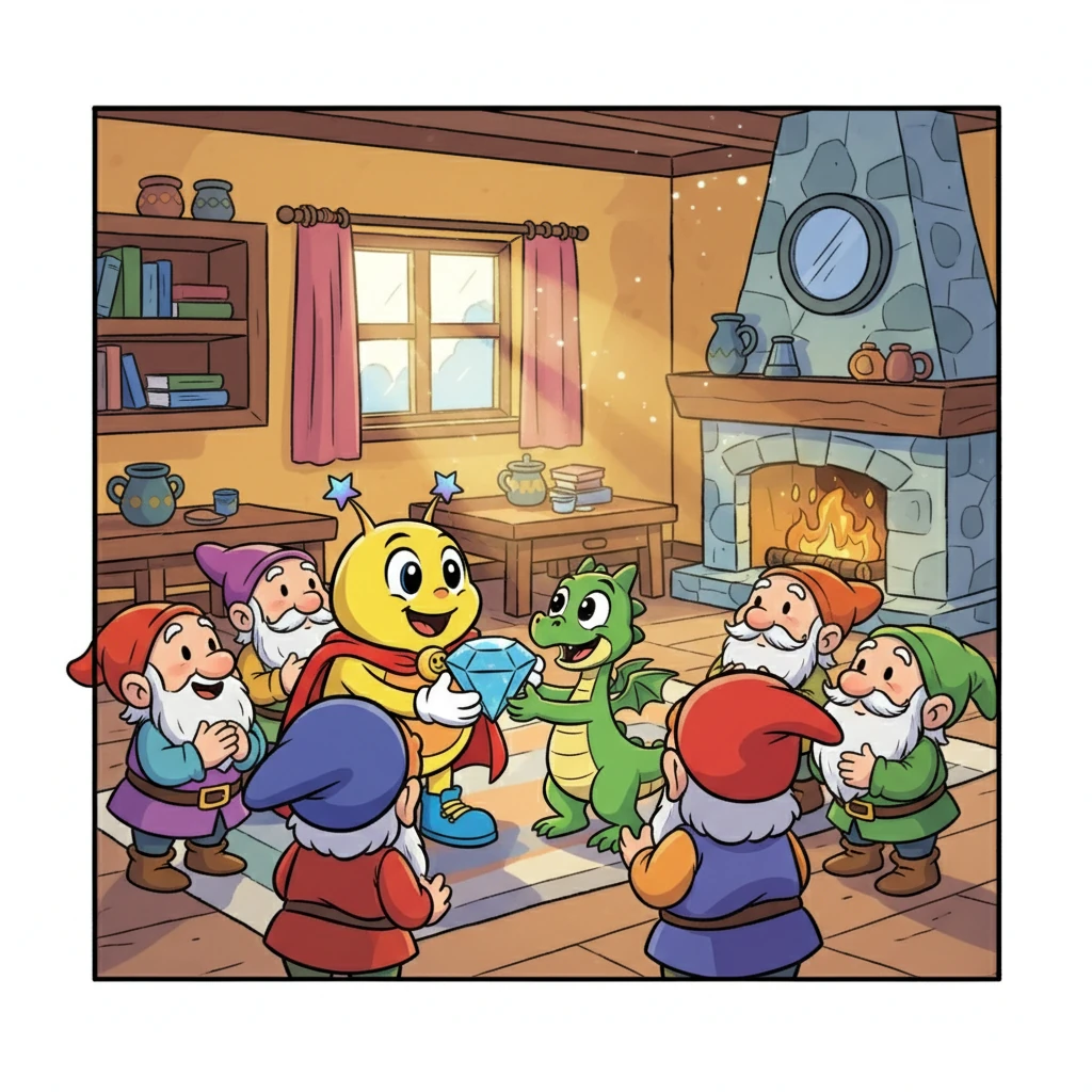 Para kurcaci setuju, dan Binar serta Blink bekerja sama membersihkan rumah kurcaci. Setelah selesai, para kurcaci sangat senang dan memberikan permata itu kembali kepada naga kecil. Naga kecil itu sangat bahagia dan berterima kasih kepada Binar.