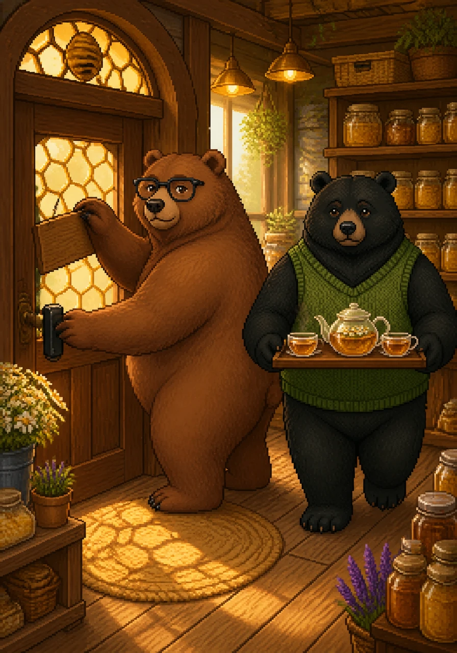 Barnaby, a large grizzly bear with thick-rimmed glasses, flips the sign on the front door of The Honeycomb Nook to Open. Beside him, Silas, a soft-furred black bear wearing a knitted green vest, carries a tray of freshly brewed chamomile tea through the sun-drenched aisles.