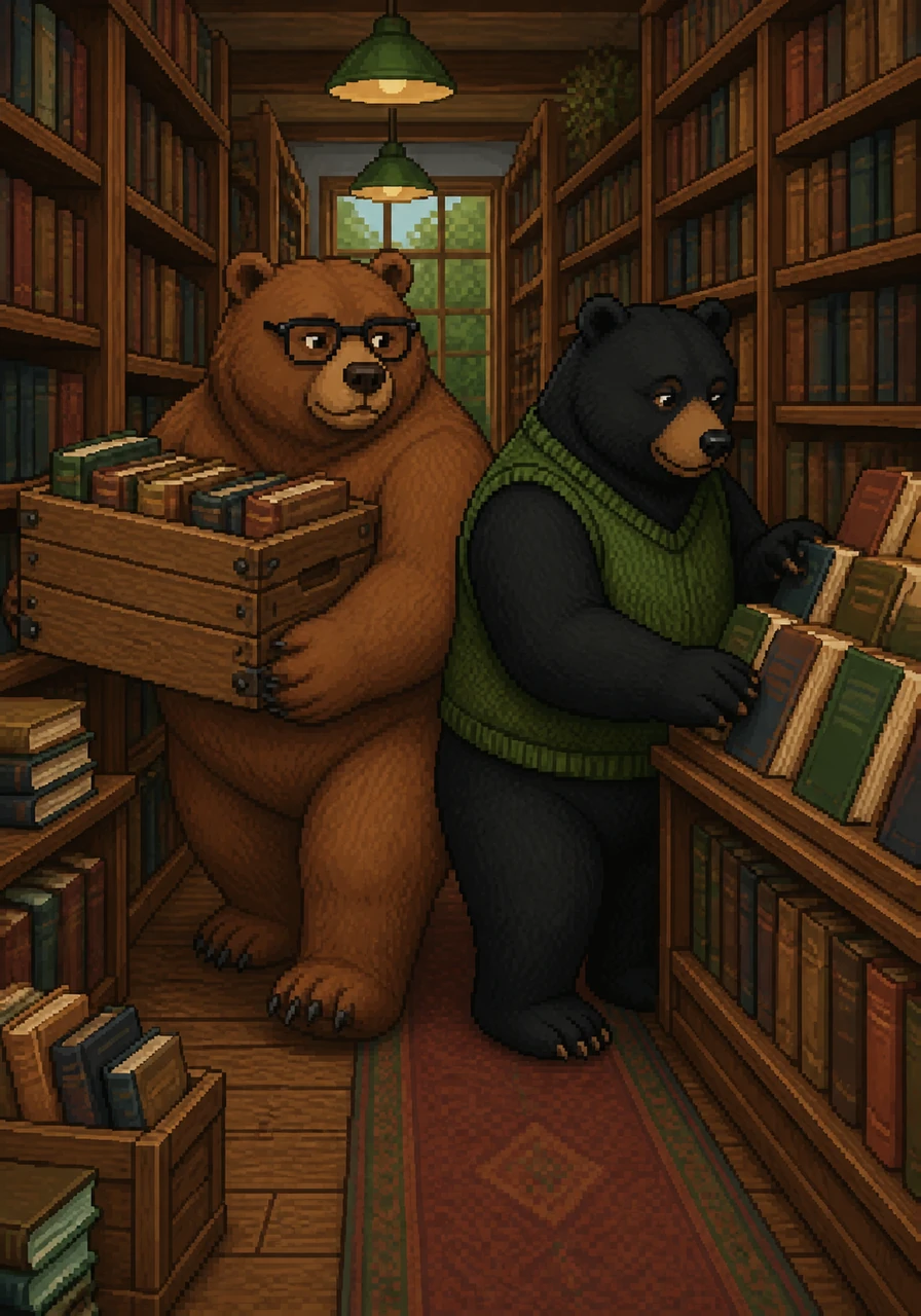 The two bears work in perfect harmony, moving between towering oak shelves filled with leather-bound classics and modern novels. Barnaby lifts heavy crates of new arrivals with ease while Silas meticulously arranges a display of local poetry, their shoulders brushing as they pass in the narrow aisles.