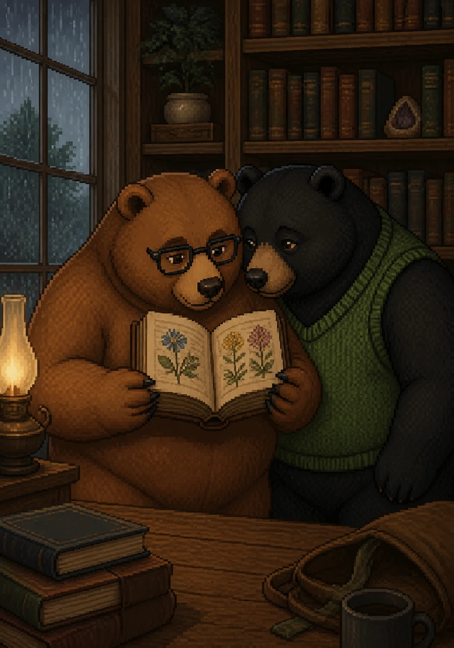 During a quiet afternoon rainstorm, Silas discovers a forgotten, hand-bound journal tucked behind a row of encyclopedias. He calls Barnaby over, and they huddle together over the small book, their heads nearly touching as they marvel at the delicate sketches of wildflowers inside.