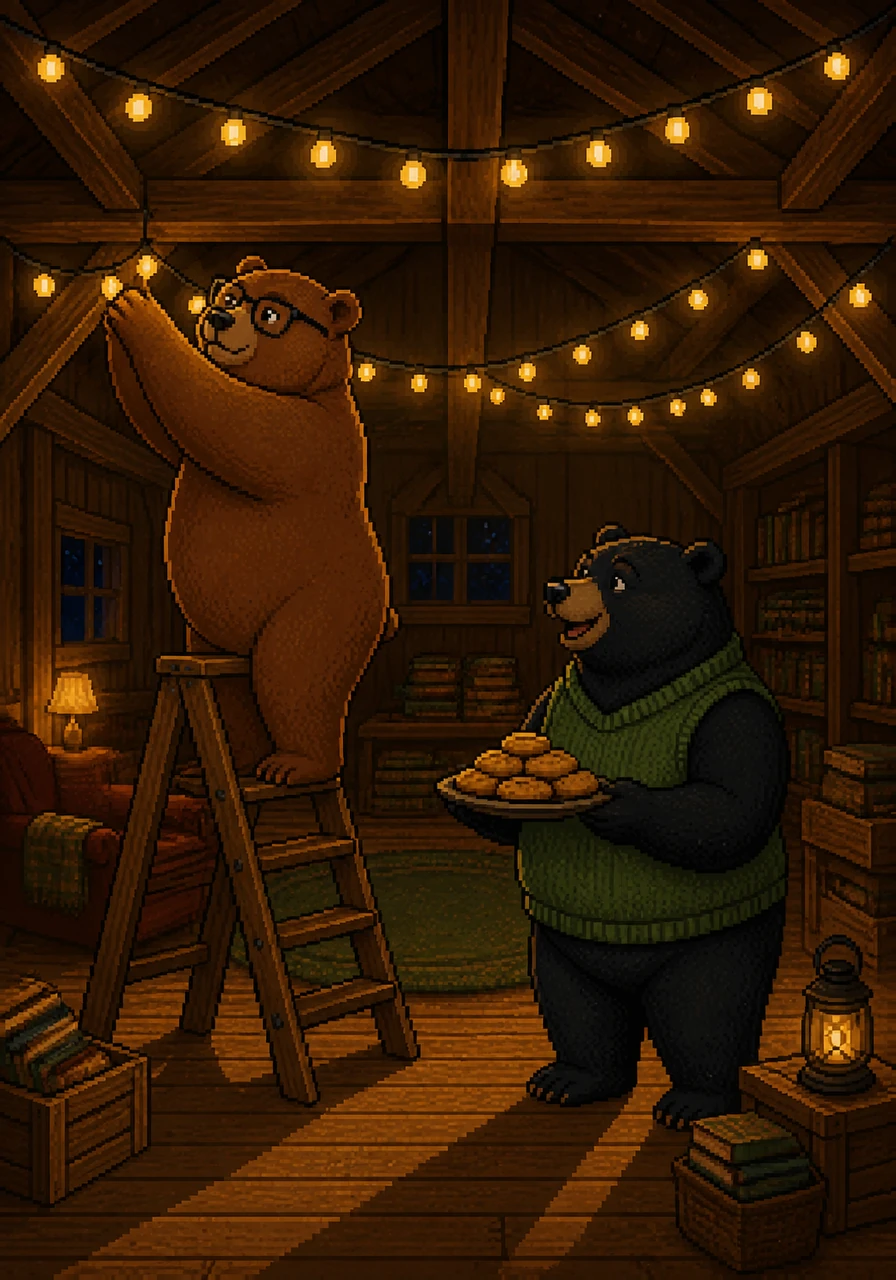 Barnaby and Silas decide to host a community reading night, hanging strings of warm fairy lights from the ceiling beams. They work late into the night, their shadows stretching long across the floor as they share soft laughter and a plate of honey-glaze biscuits.