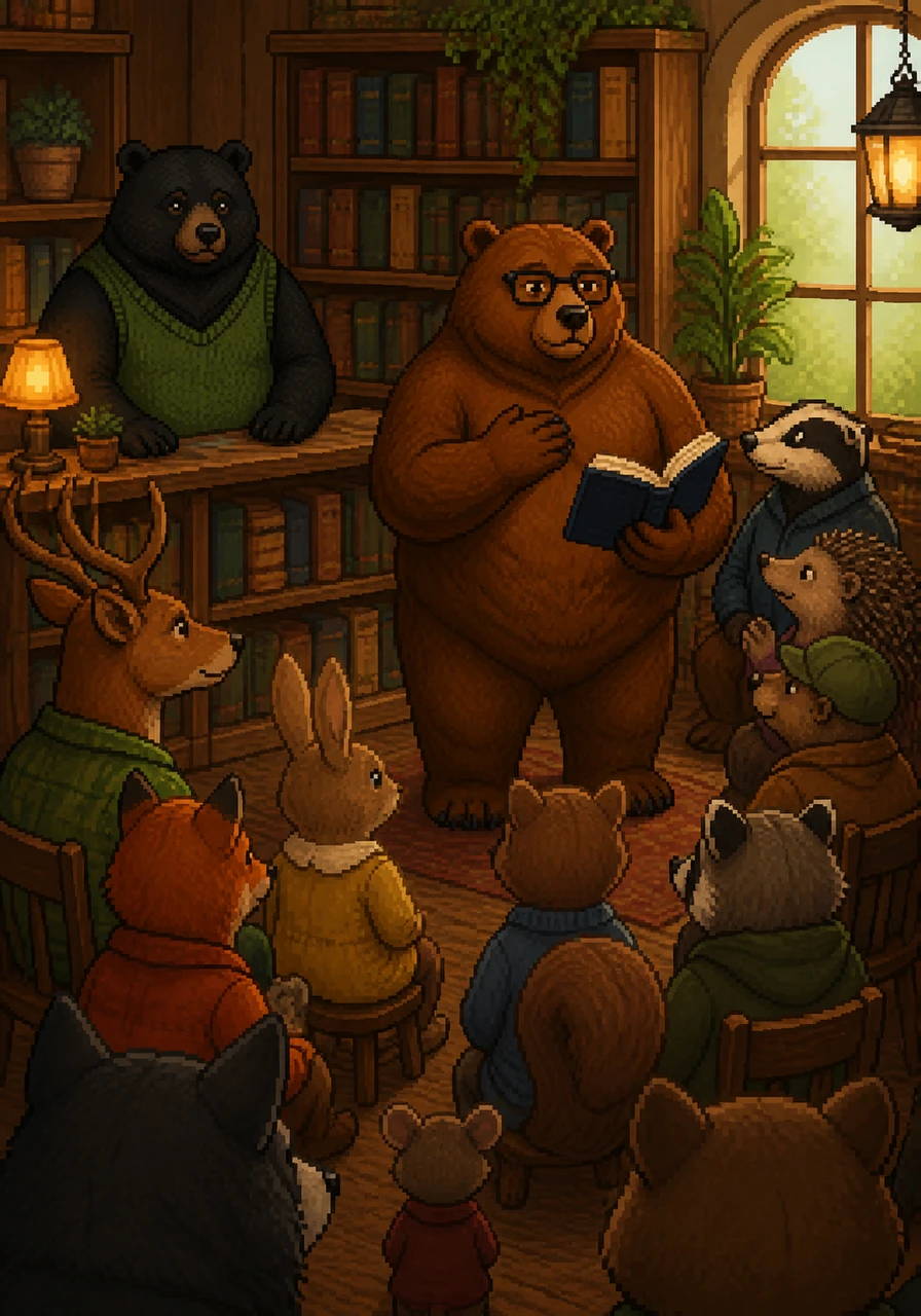 The bookstore is packed with forest neighbors for the event, creating a buzz of excitement and warmth. Silas watches from the shadows of the counter, his heart swelling with pride as Barnaby reads a moving passage about home and belonging to the attentive crowd.