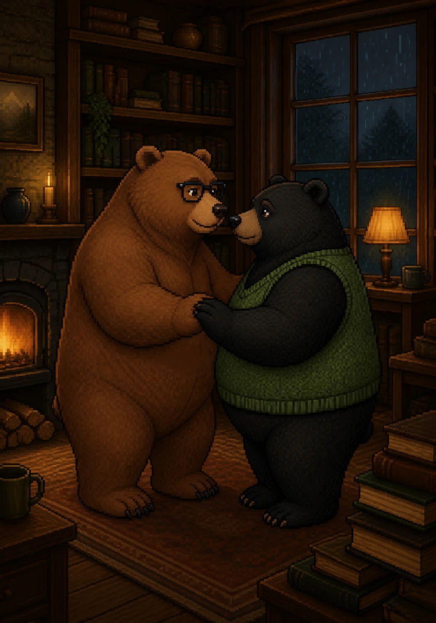 After the guests leave, the shop falls into a peaceful silence scented with old paper and woodsmoke. Barnaby takes Silas’s paws in his own, swaying gently to the sound of the rain against the windowpane in a slow, private dance among the bookshelves.
