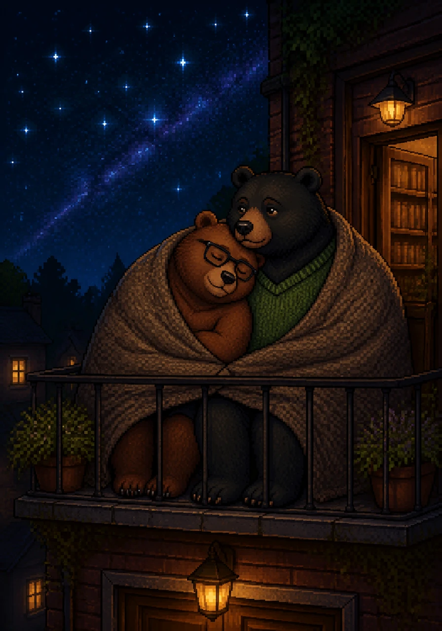 The two bears sit on the small balcony above the shop’s entrance, wrapped in a thick wool blanket under a canopy of bright stars. Barnaby rests his head on Silas’s shoulder, finally confessing that the bookstore was just a dream until Silas became a part of it.